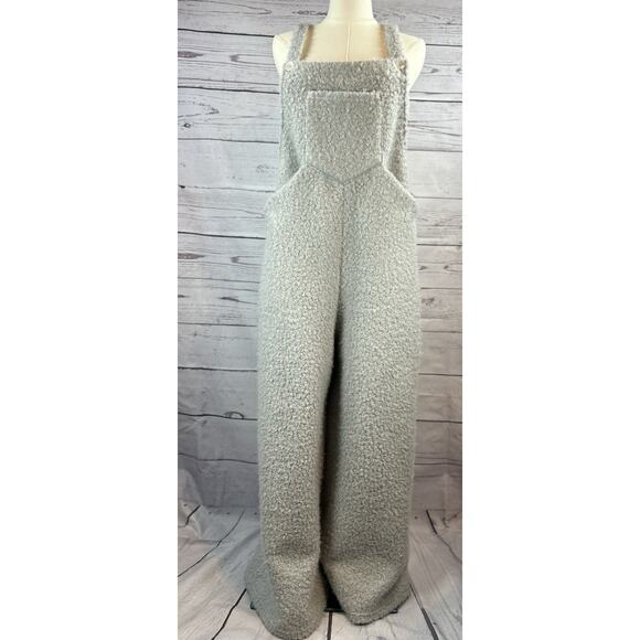 Grays Pants - Halara Teddy Fuzzy Overalls Women M Light Gray Plush Wide Leg Romper Jumpsuit